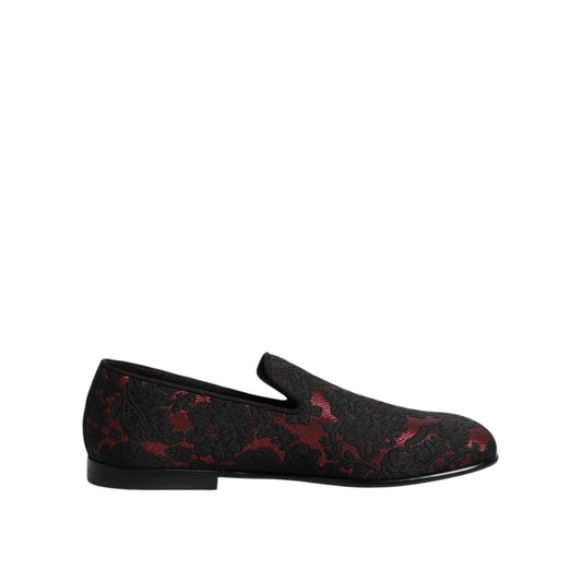 Dolce & Gabbana Red Black Jacquard Slip On Loafers Shoes