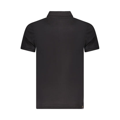 Back view of Accademia Militare Black Cotton Polo Shirt with short sleeves, three buttons, eagle ball print, and logo design.