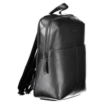 Calvin Klein Black Polyethylene Backpack with adjustable straps, multiple pockets, and zip closure showcasing sleek design and logo detail.
