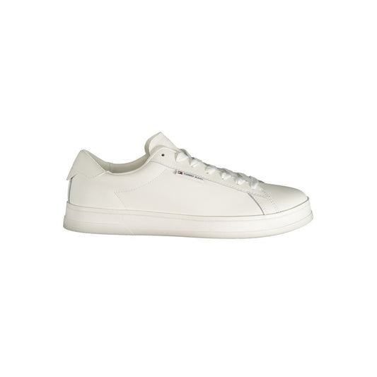 Tommy Hilfiger White Polyester Sneaker, sports footwear with laces and logo, side view on white background.