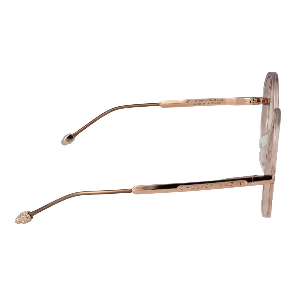 Philipp Plein Pink Women Glasses Frame side view with rose cellulose acetate full-rim and spring hinge, showcasing elegant round design.