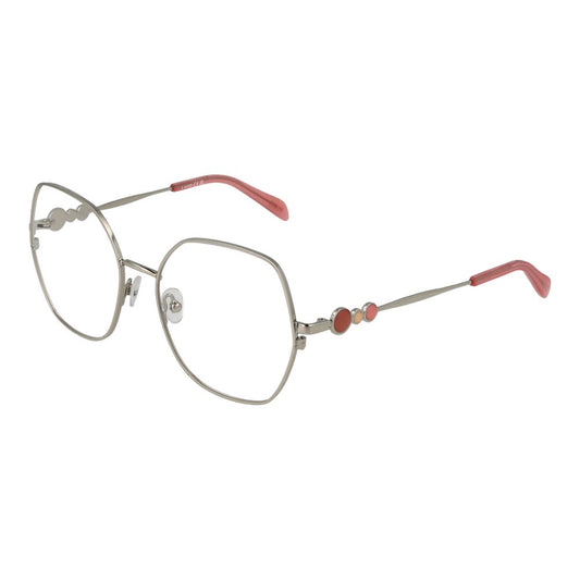 Emilio Pucci Gray Women Glasses Frame with metal full-rim, round edges, and pink temple tips, decorated with small color accents.