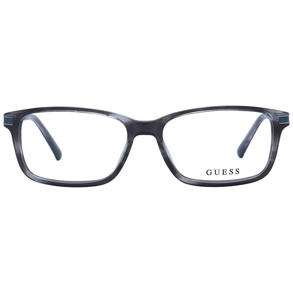 Guess Gray Men Glasses Frame, full-rim rectangle with grey acetate & metal, 55-16-145 size, includes branded case.