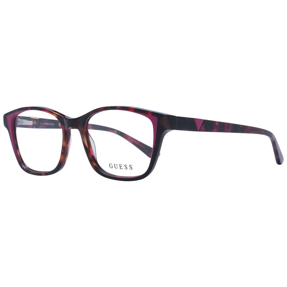 Guess Pink Women Glasses Frame in rose acetate material with full-rim square style and demo lenses. Includes branded case, size 50-16-140.