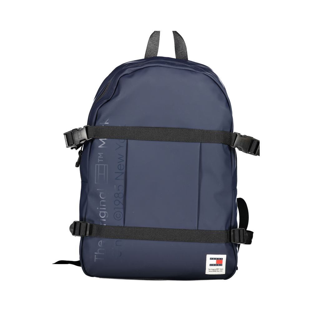 Tommy Hilfiger Blue Polyethylene Backpack with adjustable straps, external pocket, zip closure, and logo.
