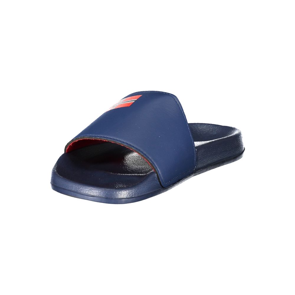 Norway 1963 Blue Plastic Men Sandal with distinctive print and logo, perfect for trendy and luxurious casual wear.