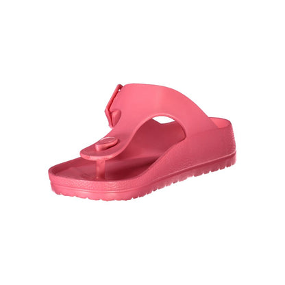 Norway 1963 Pink Plastic Women Sandal with buckle and bold print design offers chic comfort and contemporary style in durable material.