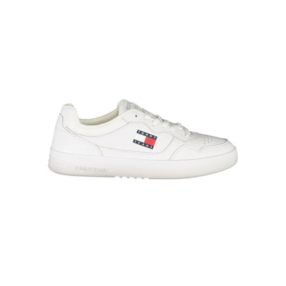 Tommy Hilfiger White Leather Mens Sneaker with logo, sporty lace-up design, comfortable footbed, perfect for modern fashion and style.