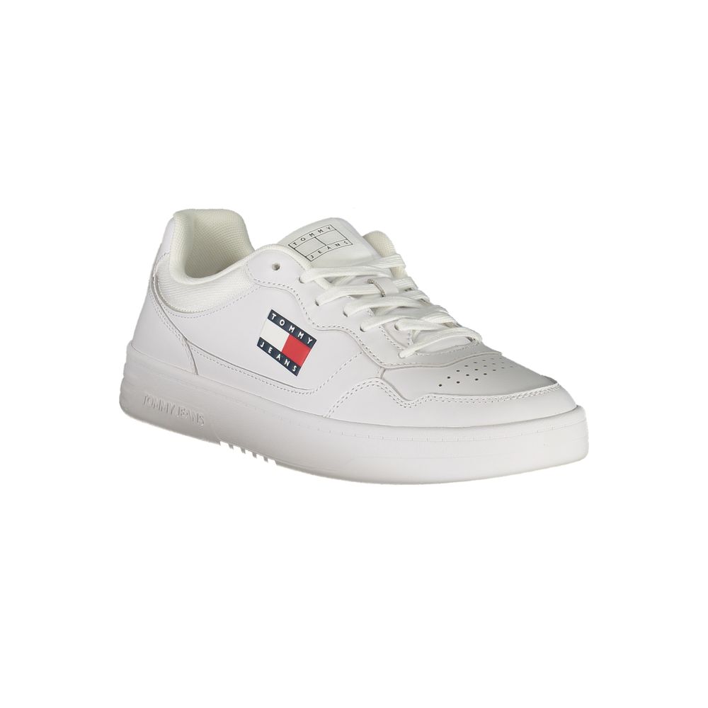Tommy Hilfiger White Leather Mens Sneaker with brand logo, showcasing sporty and sleek lace-up design for modern comfort and style.