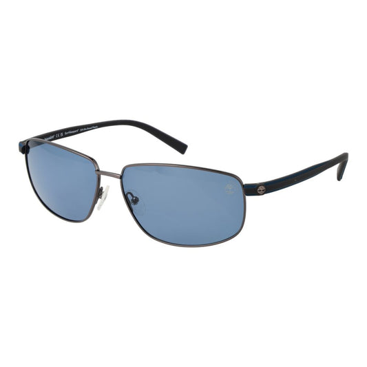 Timberland Gray Men Sunglass with gunmetal full-rim metal frame, gray polarized plastic lenses with 100% UVA/UVB protection, rectangle style.