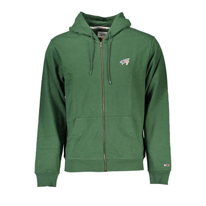 Tommy Hilfiger Green Cotton Men Sweater with Hood, eco-friendly design, features iconic logo, ideal for sustainable street fashion.