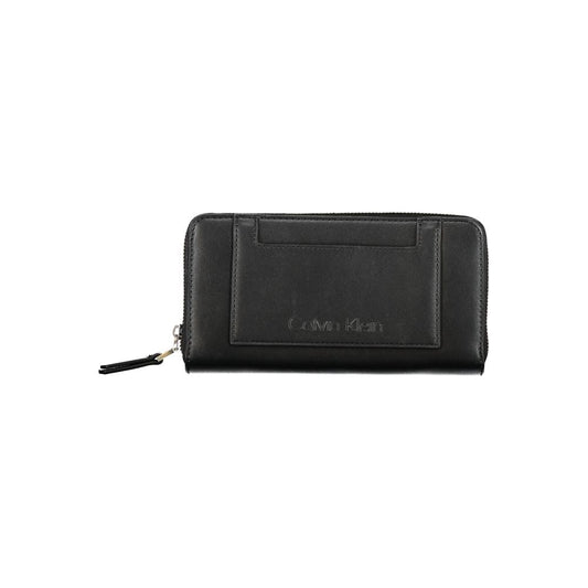 Calvin Klein Black Polyester Wallet with contrasting details, zip closure, logo, 5 compartments, card spaces, and coin purse.