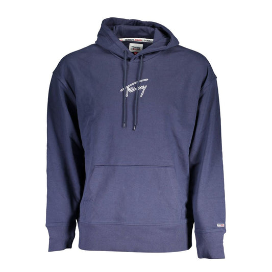 Men's Tommy Hilfiger Blue Cotton Sweater with embroidery logo, eco-friendly design, and central pocket for casual style.