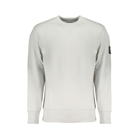 Calvin Klein Gray Cotton Men Sweater with crew neck and brushed interior showcasing high-contrast details and Calvin Klein logo.