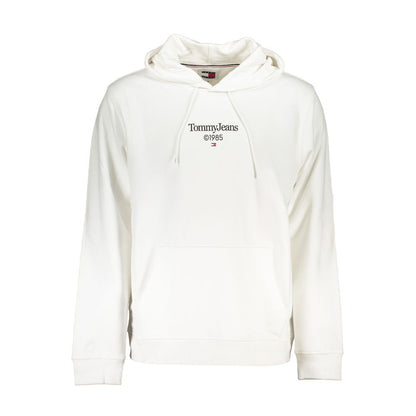 Tommy Hilfiger White Cotton Men Sweater with logo, hood, and central pocket for a casual yet elevated everyday look.