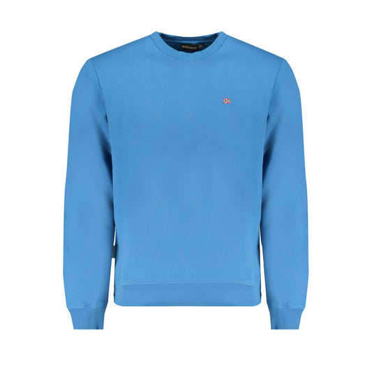 Napapijri Blue Cotton Men Sweater with long sleeves, crew neck, and logo embroidery. Perfect blend of style and comfort.