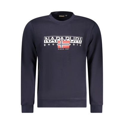 Napapijri Blue Cotton Men Sweater with logo and long sleeves, crew neck, and distinctive print for stylish comfort.