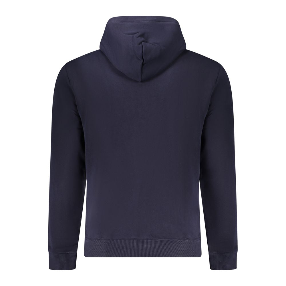 Back view of Napapijri Blue Cotton Men Sweater with hood, showcasing long sleeves and relaxed fit.