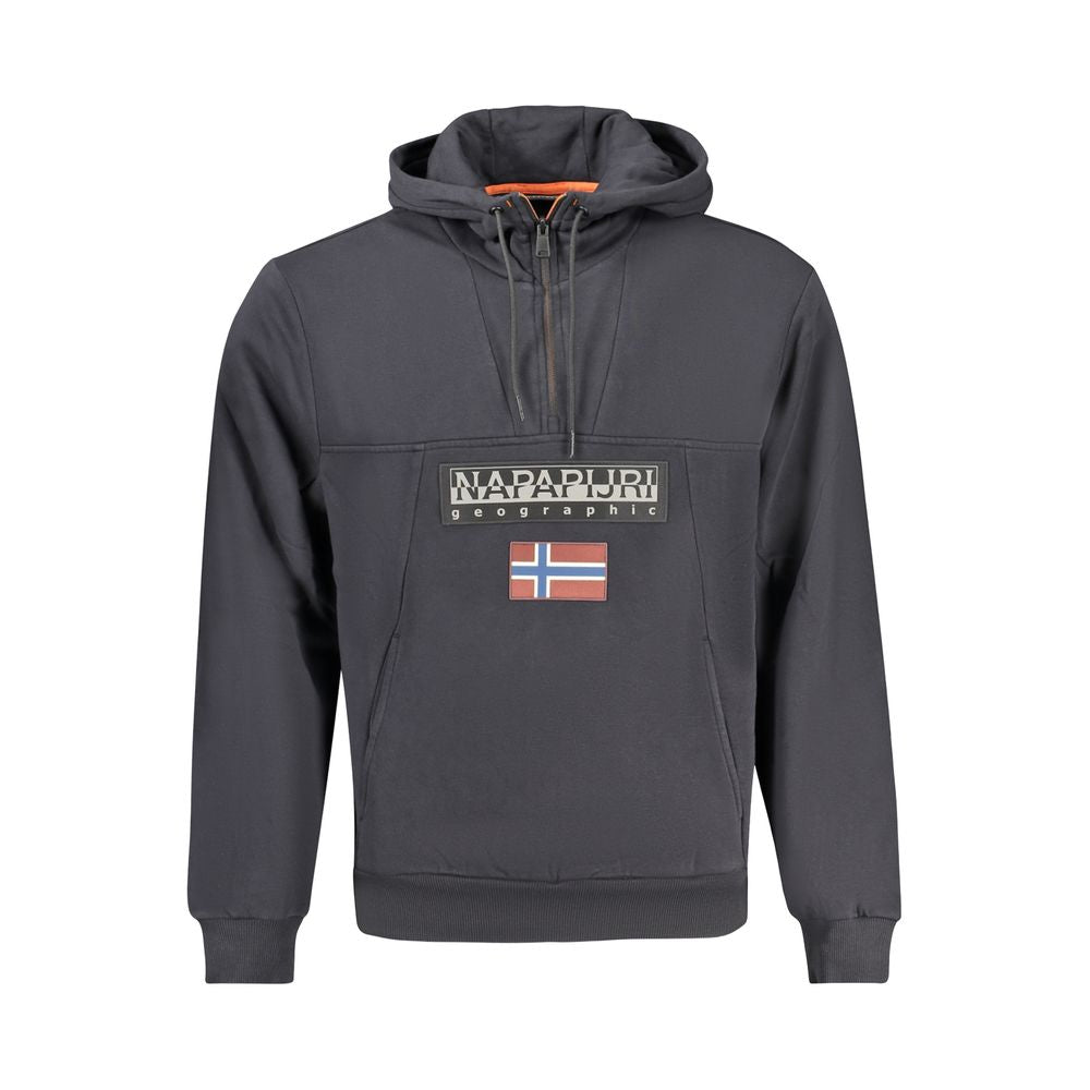 Napapijri Black Cotton Men Hoodie with logo and half zip design, featuring comfortable organic cotton blend and practical pockets.