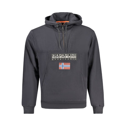 Napapijri Black Cotton Men Hoodie with logo and half zip design, featuring comfortable organic cotton blend and practical pockets.