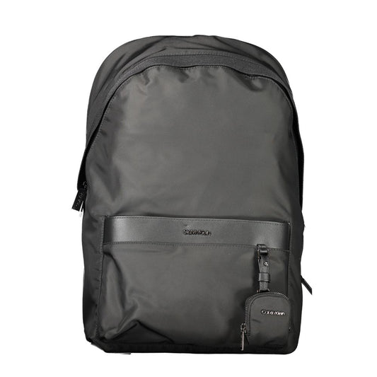 Calvin Klein Black Polyester Backpack with adjustable straps, external pocket, removable coin purse, and laptop spaces.