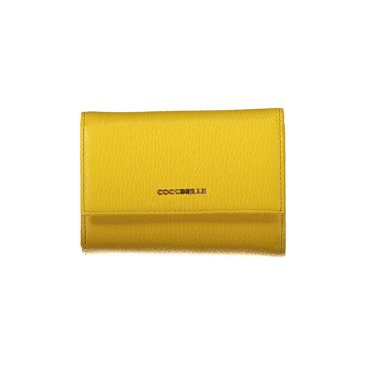 Coccinelle Yellow Leather Wallet with zip and automatic closure, featuring metallic soft leather, 3 compartments, and external coin pocket.