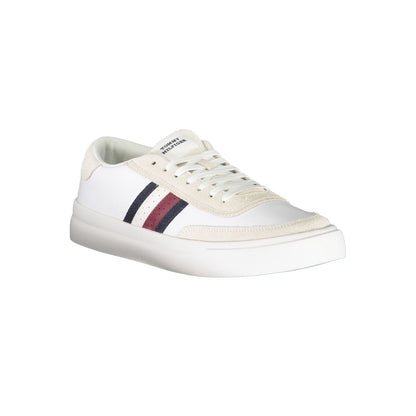 Tommy Hilfiger White Polyester Sneaker with laces, contrast details, and logo, perfect for sports footwear enthusiasts.