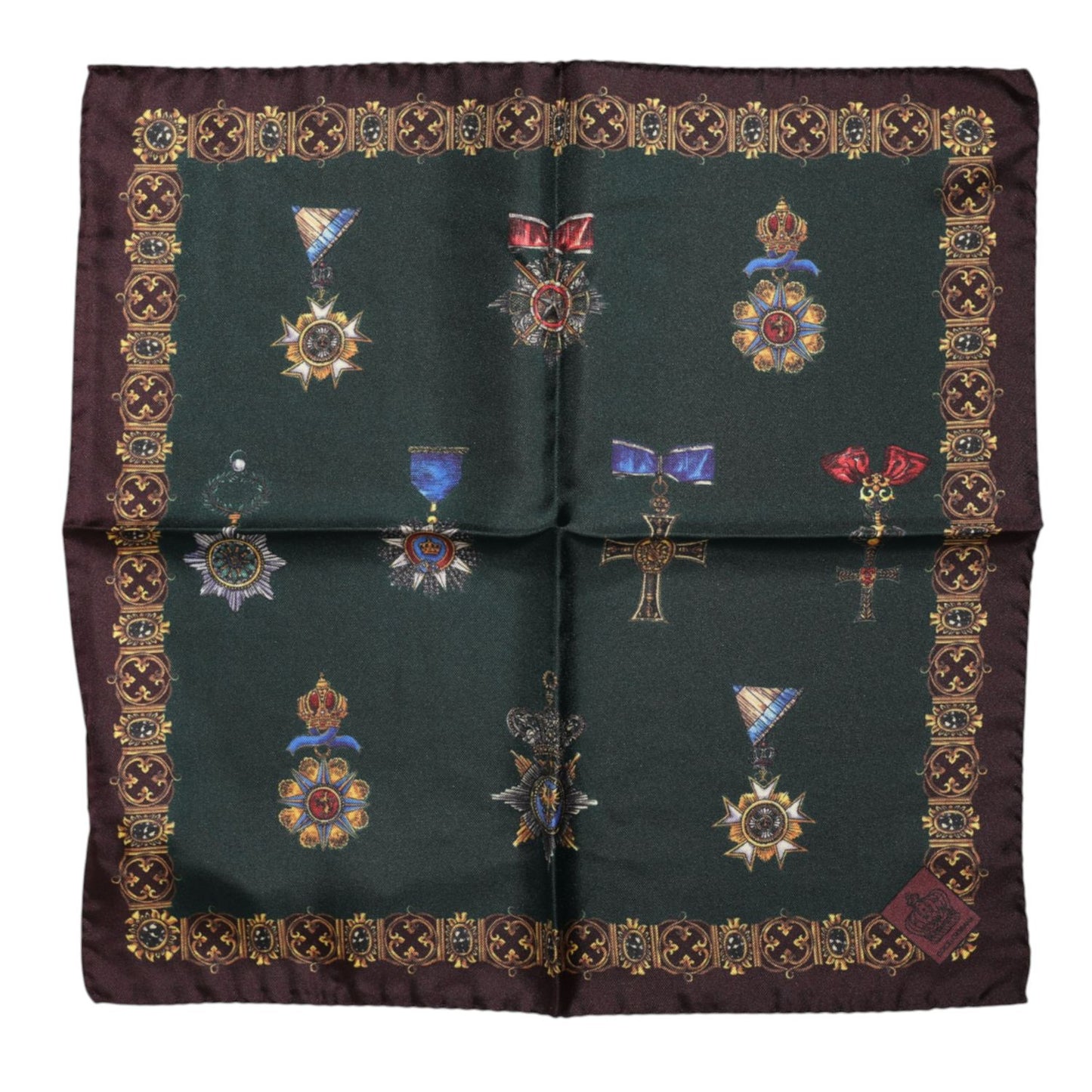 Dolce & Gabbana Green Medals Silk Square Foulard Scarf