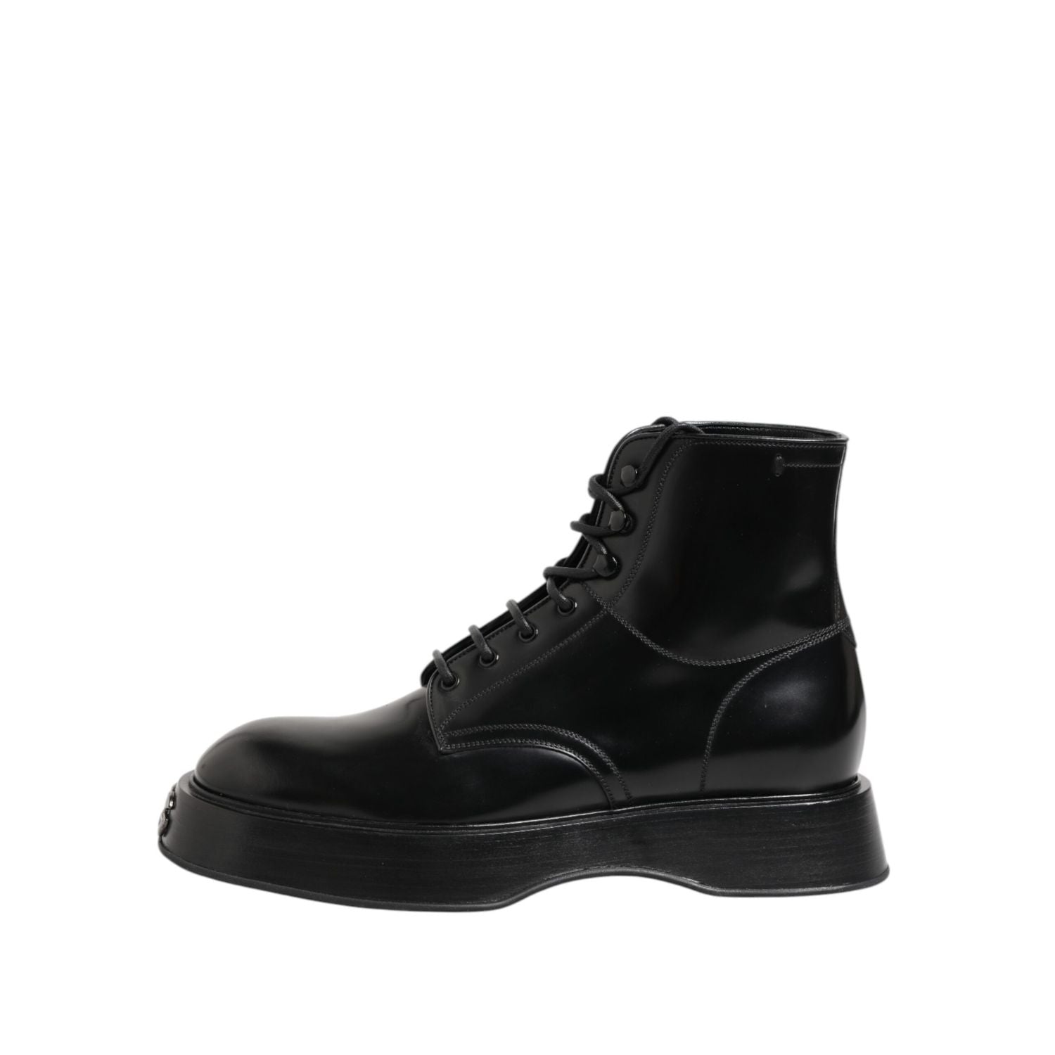 Dolce & Gabbana Black Leather Logo Ankle Boots Lace Up Shoes