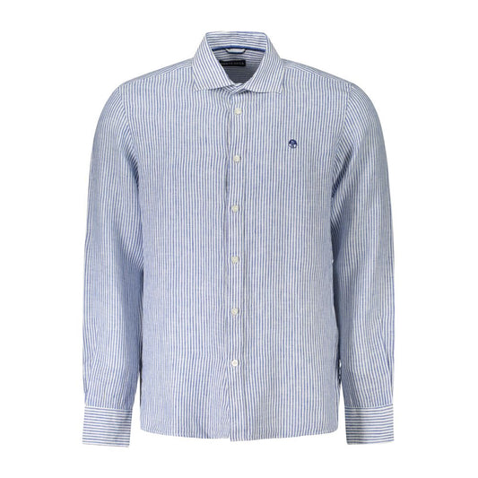 North Sails Blue Linen Shirt with long sleeves, French collar, and 1 button cuffs featuring stripes and logo embroidery.