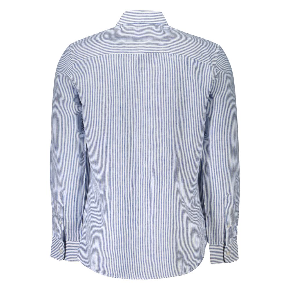Back view of North Sails Blue Linen Shirt with long sleeves, French collar, 1 button cuffs, featuring stripes and logo embroidery.