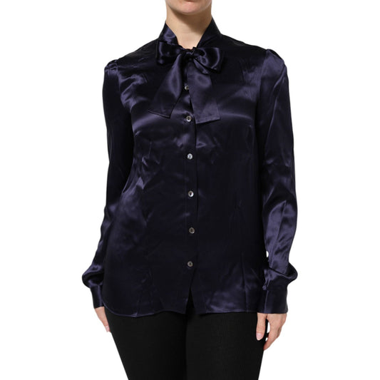 Dolce & Gabbana Dark Purple Silk Ascot Collared Blouse Top