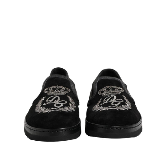 Dolce & Gabbana Black Embroidered Crown Loafers Shoes