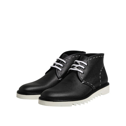 Dolce & Gabbana Black White Leather Ankle Boots Shoes