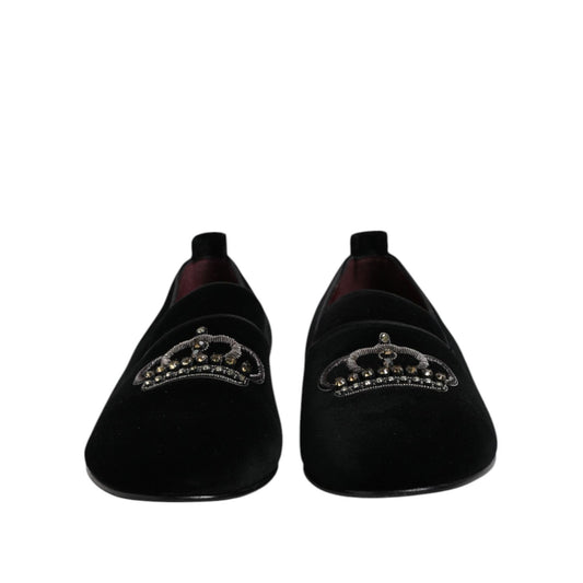 Dolce & Gabbana Black Velvet Crystal Crown Loafers Dress Shoes