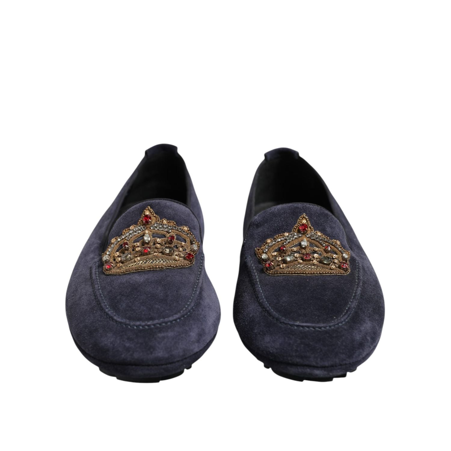 Dolce & Gabbana Blue Suede Crown Crystal Loafers Dress Shoes