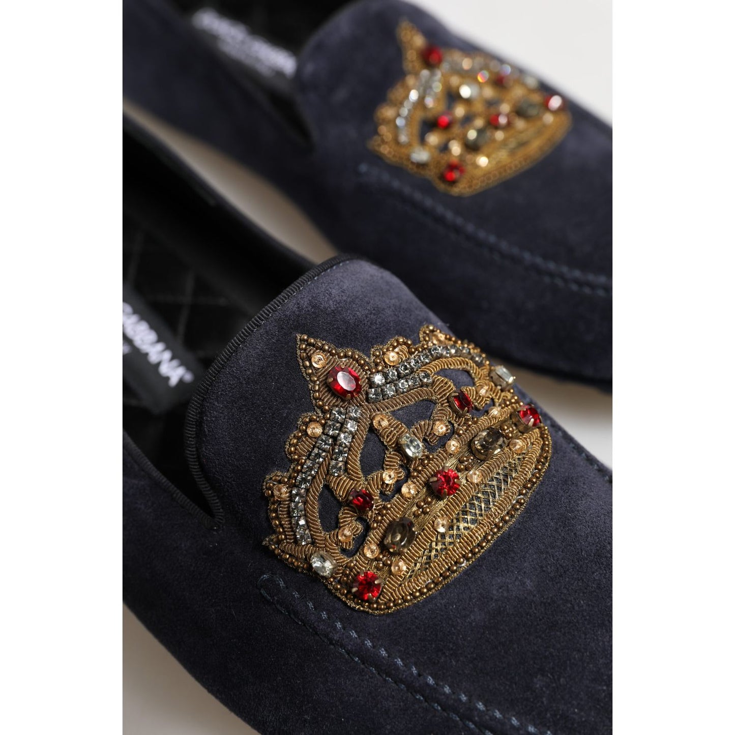 Dolce & Gabbana Blue Suede Crown Crystal Loafers Dress Shoes