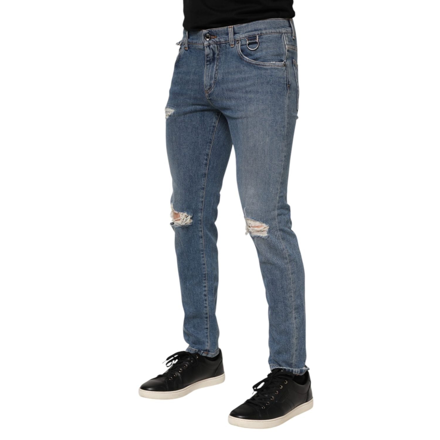 Dolce & Gabbana Blue Cotton Tattered Skinny Logo Denim Jeans