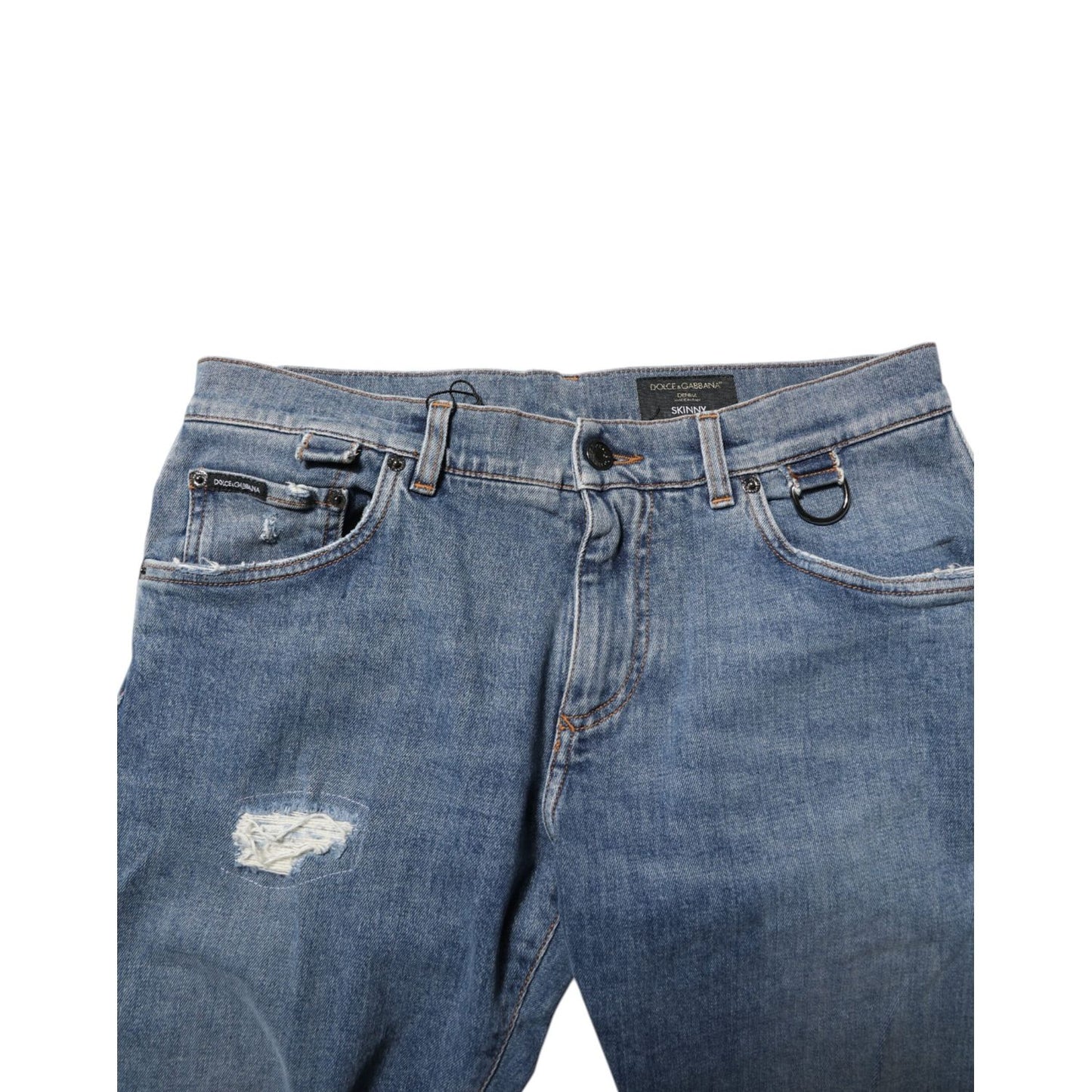 Dolce & Gabbana Blue Cotton Tattered Skinny Logo Denim Jeans