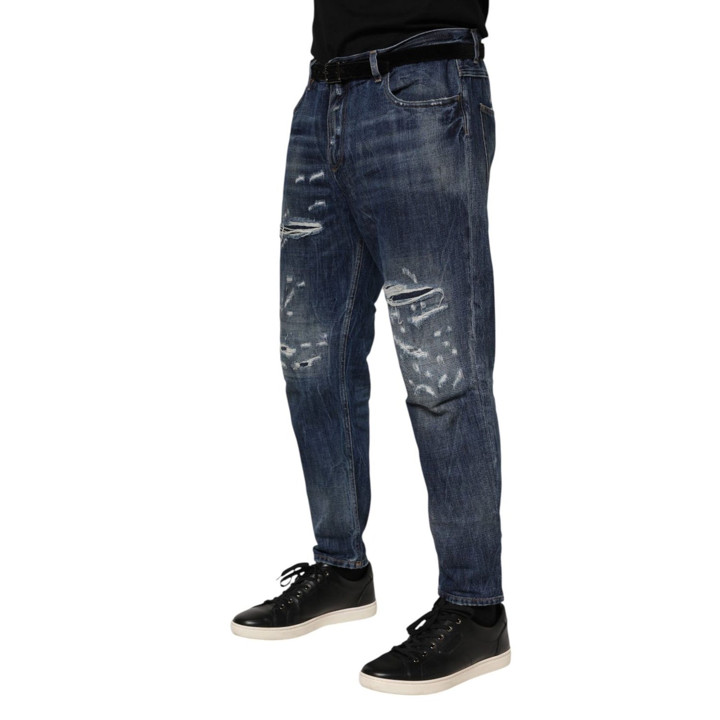 Dolce & Gabbana Blue Cotton Tattered Tapered Men Denim Jeans
