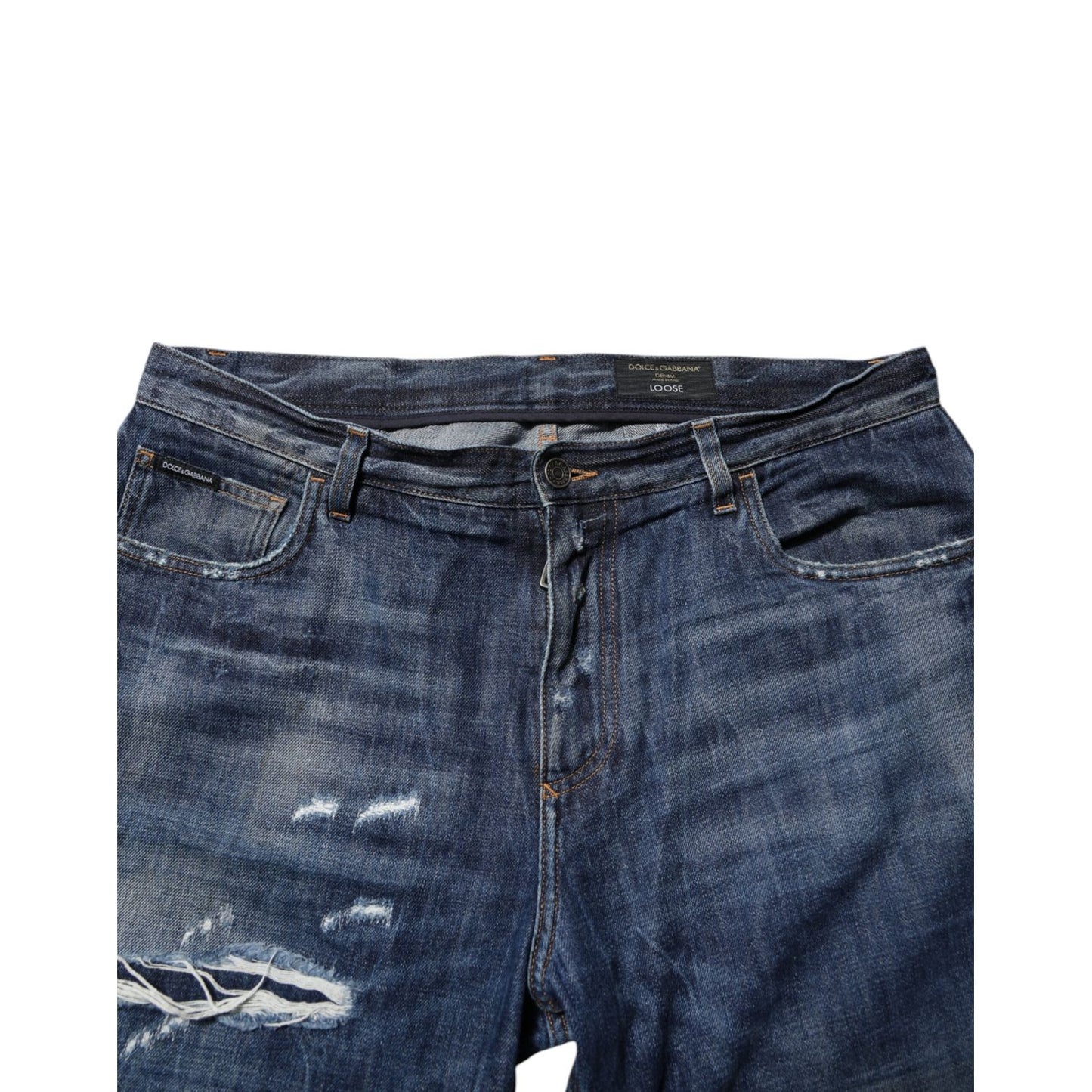 Dolce & Gabbana Blue Cotton Tattered Tapered Men Denim Jeans