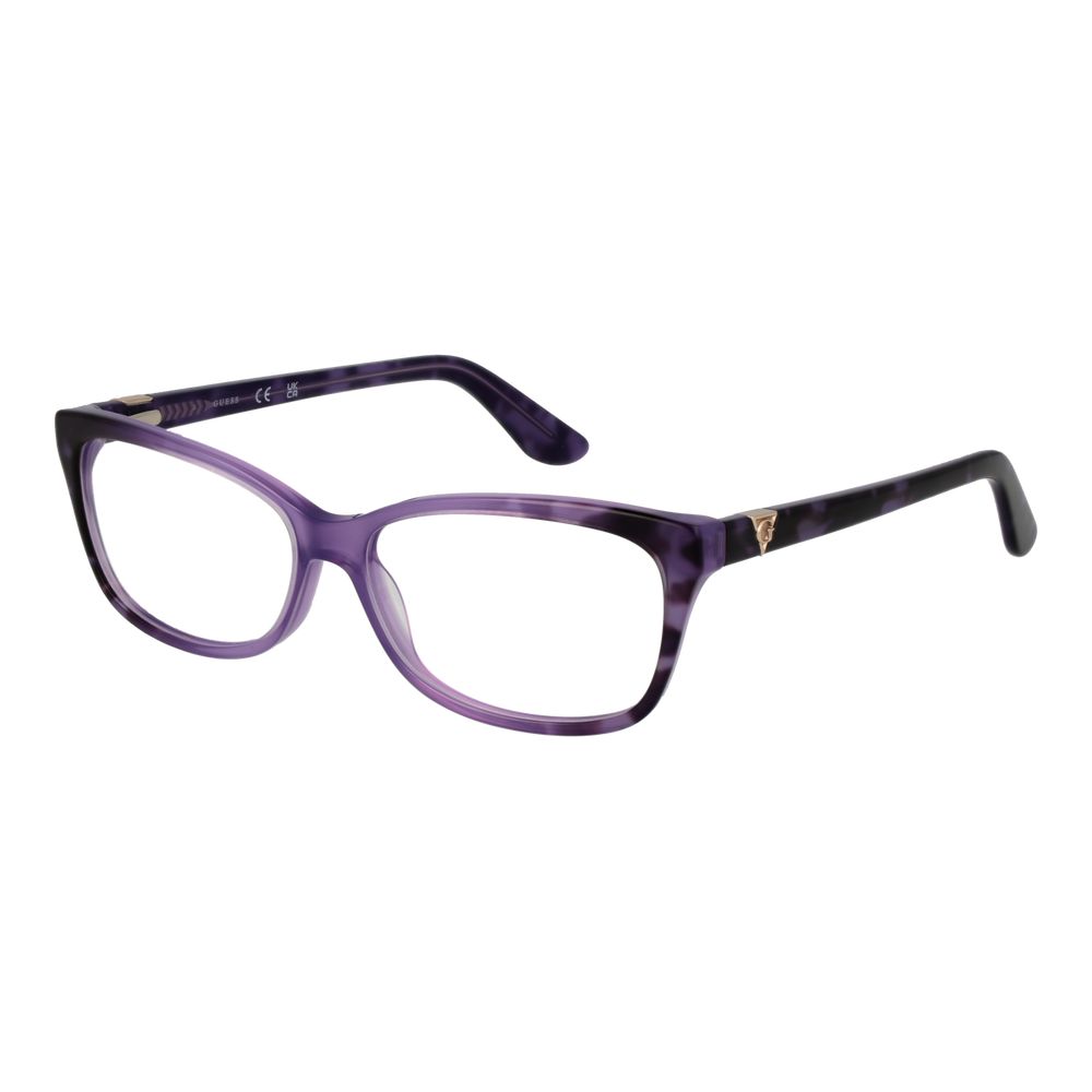 Guess Purple Women Glasses Frame, full-rim acetate, rectangle style, demo plastic lenses, includes branded case.