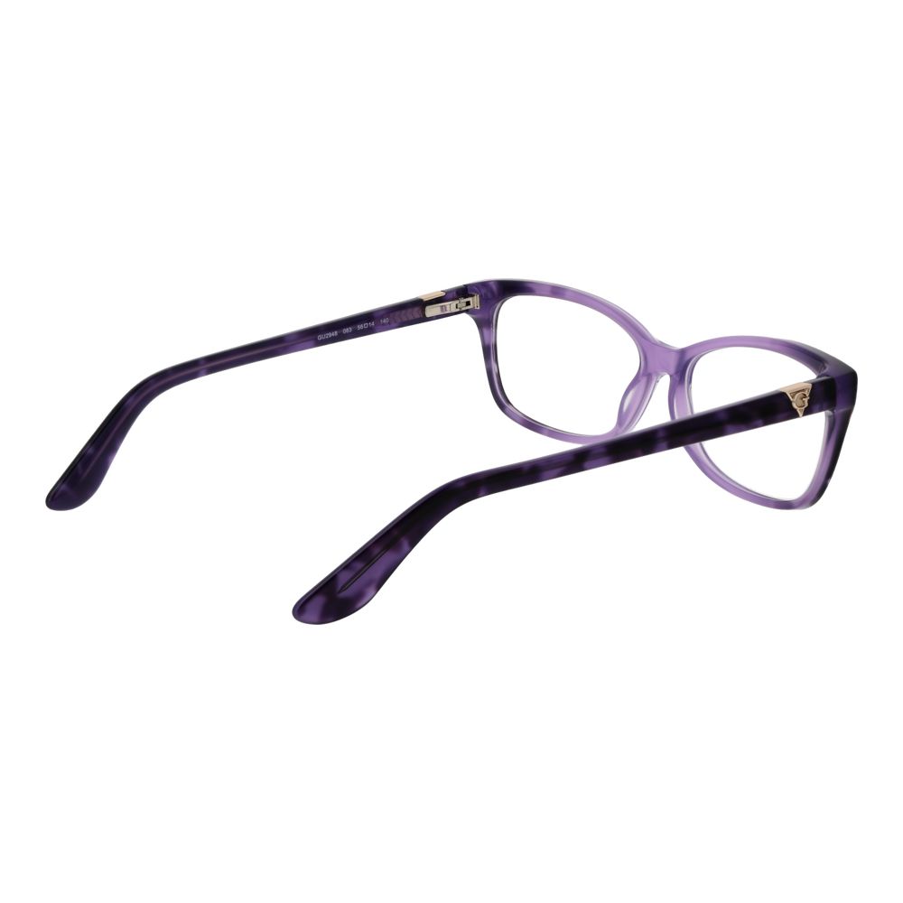 Guess Purple Women Glasses Frame in acetate, full-rim, rectangle style with demo lenses; includes branded case, spring hinge, temple length 140mm.