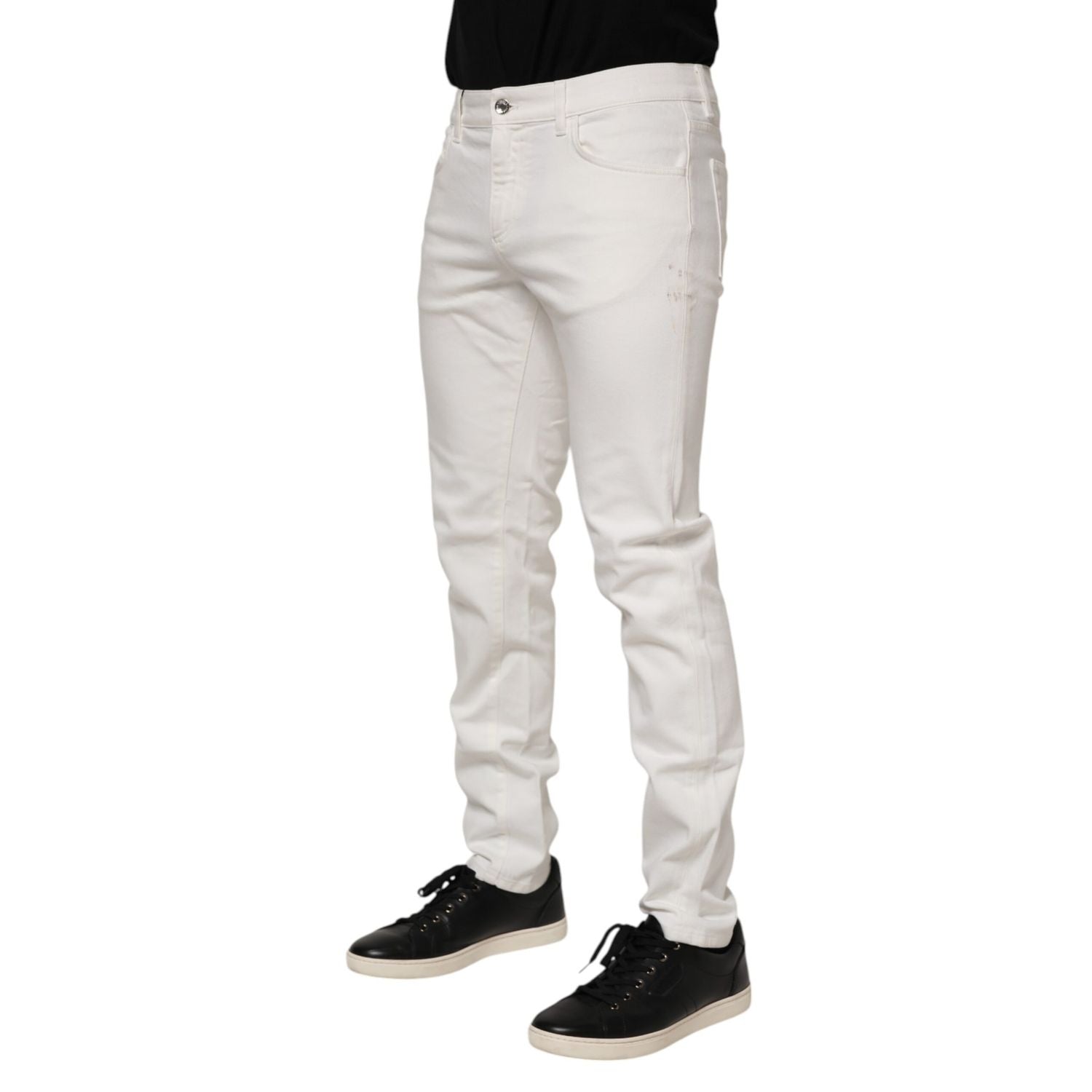 Dolce & Gabbana White Cotton Logo Plaque Slim Fit Denim Jeans