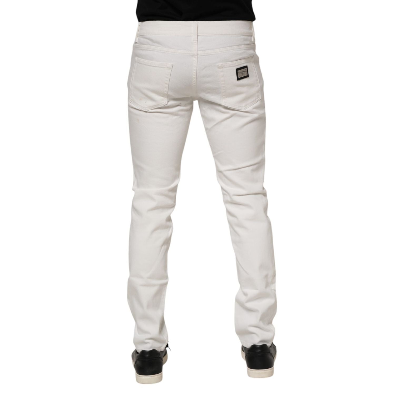 Dolce & Gabbana White Cotton Logo Plaque Slim Fit Denim Jeans