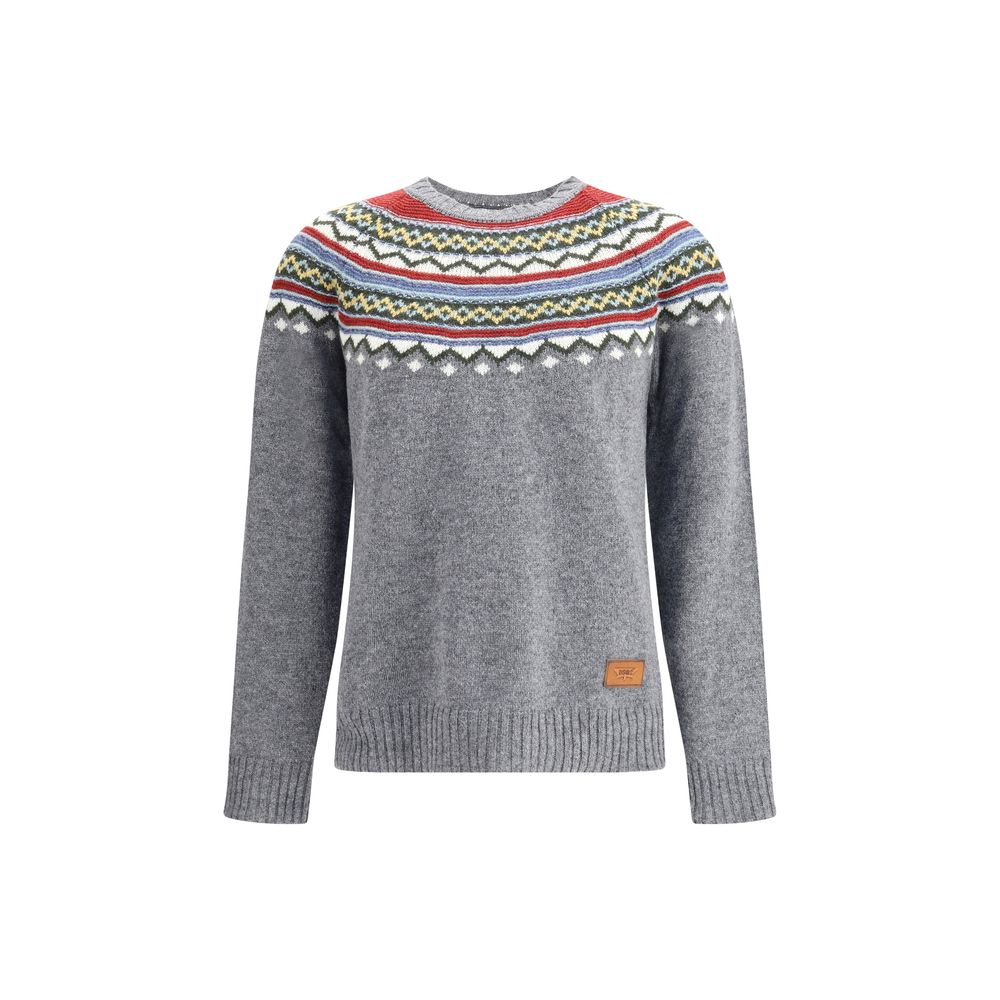 Dsquared² Gray Fleece Wool Sweatshirt with Nordic-style weave and leather logo patch.