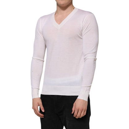 Dolce & Gabbana White Cashmere Logo V-neck Pullover Sweater