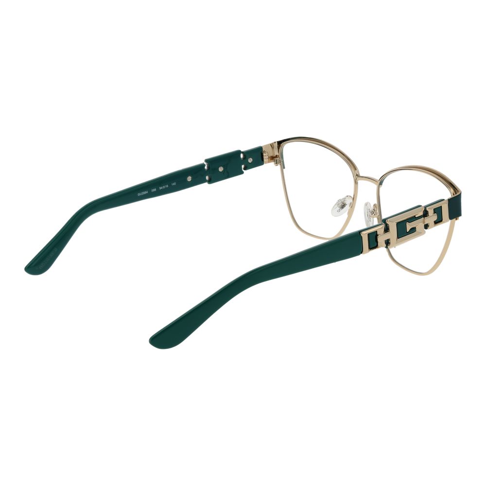 Guess Green Women Glasses Frame in full-rim metal with green butterfly style, includes branded case, lenses width 54mm, temples 140mm.