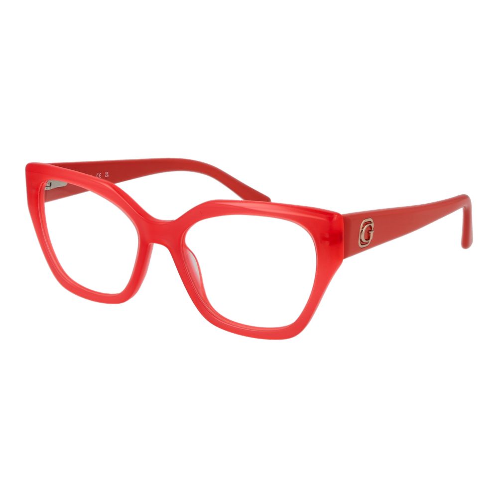 Guess Pink Women Glasses Frame in rose acetate with full-rim square style and demo lenses, size 53-17-145, includes branded case.