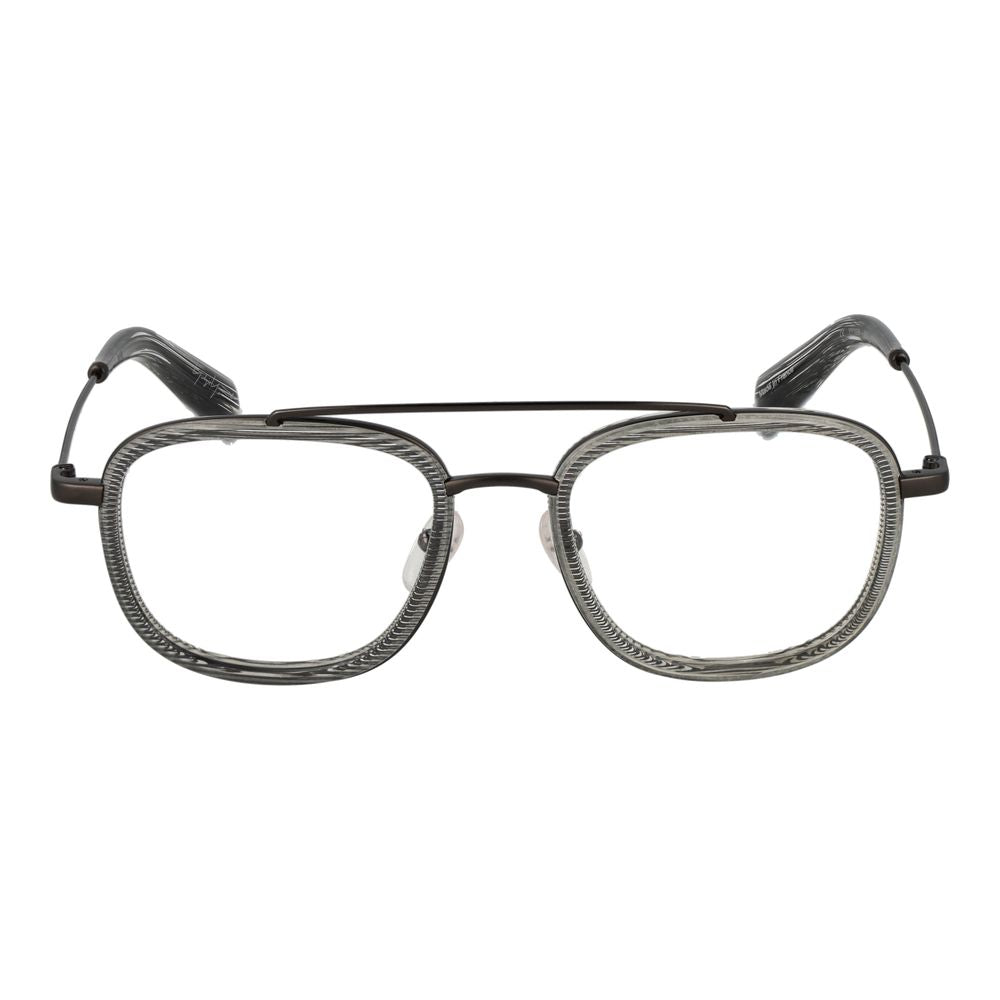 Yohji Yamamoto Gray Men Glasses Frame in full-rim aviator style with plastic lenses and grey frame.